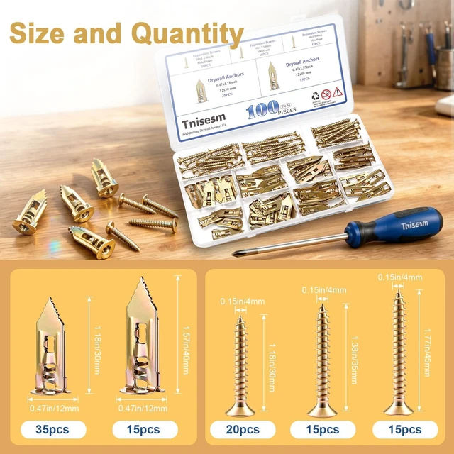 Alt view image 2 of 6 - 100Pcs 3 Size Self Drywall Drilling Anchors with Screws Kit, Metal & Heavy Duty Grip Anchors for Wall Sheetrock, Expansion Anchor Assorted Sizes for Picture Frames, Shelves & Home Decor