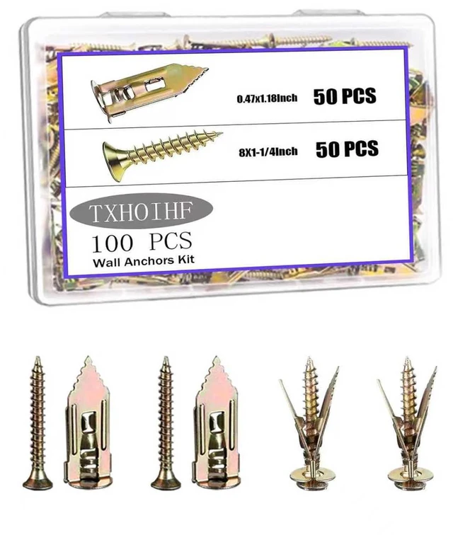 Main image of Self Drilling Drywall Anchors with Screws Kit 100Pcs- 50 Sheetrock Anchors 50 Zinc Expansion Screws New Upgraded Zinc Plated Steel No Drill or Holes in Wall,for Wall Hanging,Cabinets,Holds Up to 80LB