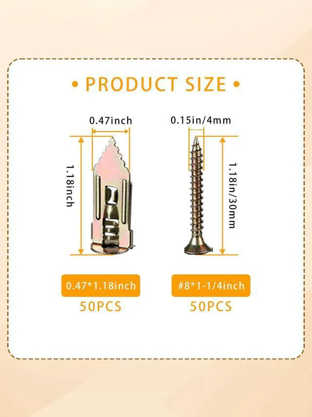 Alt view image 2 of 7 - Self Drilling Drywall Anchors with Screws Kit 100Pcs- 50 Sheetrock Anchors 50 Zinc Expansion Screws New Upgraded Zinc Plated Steel No Drill or Holes in Wall,for Wall Hanging,Cabinets,Holds Up to 80LB
