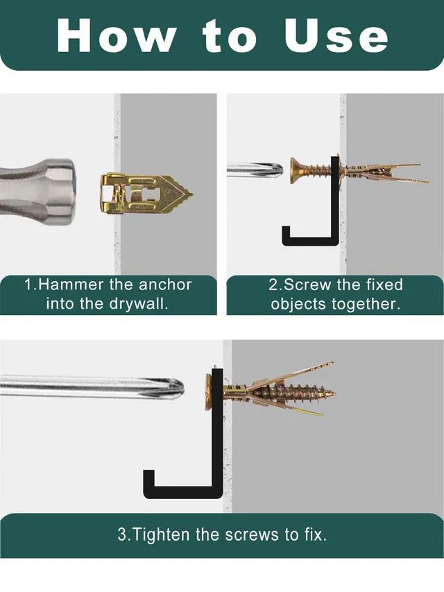 Alt view image 3 of 7 - Self Drilling Drywall Anchors with Screws Kit 100Pcs- 50 Sheetrock Anchors 50 Zinc Expansion Screws New Upgraded Zinc Plated Steel No Drill or Holes in Wall,for Wall Hanging,Cabinets,Holds Up to 80LB