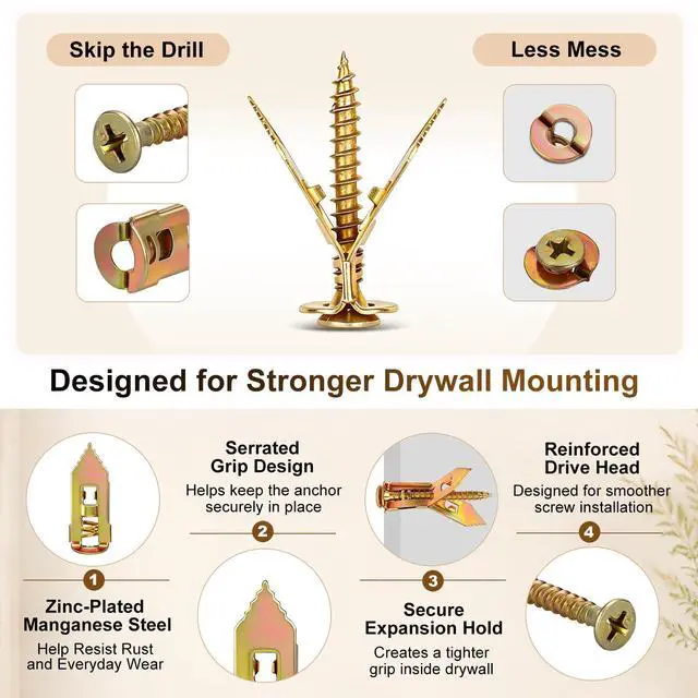 Alt view image 3 of 6 - 140Pcs Drywall Anchors and Screws Kit, Metal Expansion Anchors | 3 Sizes, No Drill Metal Drywall Anchors Expand Behind Walls for Secure Mounting Of Shelves, Picture Frames, Curtain Rods