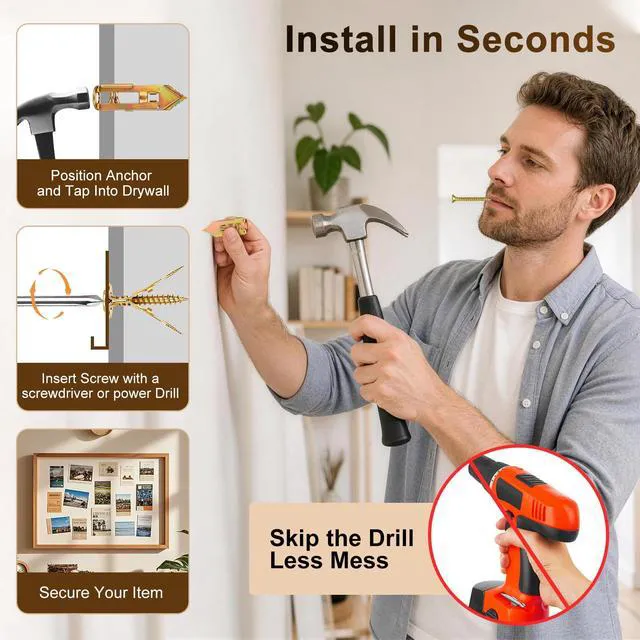 Alt view image 4 of 6 - 140Pcs Drywall Anchors and Screws Kit, Metal Expansion Anchors | 3 Sizes, No Drill Metal Drywall Anchors Expand Behind Walls for Secure Mounting Of Shelves, Picture Frames, Curtain Rods