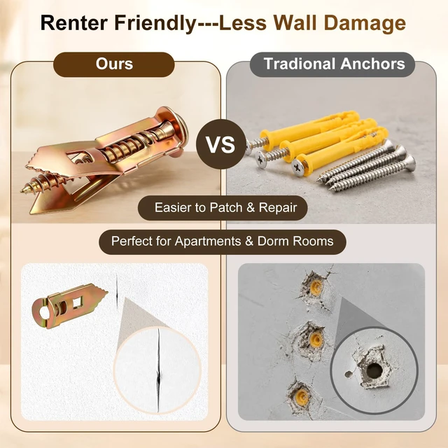 Alt view image 5 of 6 - 140Pcs Drywall Anchors and Screws Kit, Metal Expansion Anchors | 3 Sizes, No Drill Metal Drywall Anchors Expand Behind Walls for Secure Mounting Of Shelves, Picture Frames, Curtain Rods