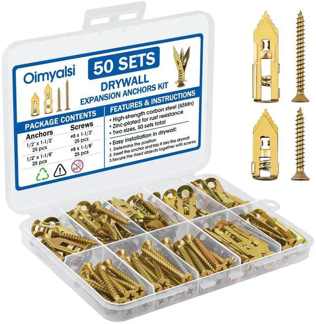 Main image of 100Pcs Metal Wall Anchors for Drywall, Sheetrock Expansion Anchors & Screws | Made of heavy-duty metal, these 100pcs drywall anchors resist bending