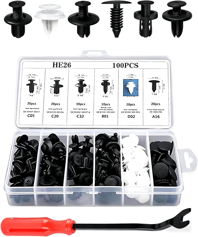 Main image of 100 PCS Bumper Push Fasteners Rivet Clip Kit, ABS Retainer Expansion Screws with Removal Tool, 6 Popular Sizes Fenders/Body Fixing Clips, Universal for Most Cars, Trucks, SUVs (White)