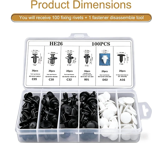 Alt view image 5 of 6 - 100 PCS Bumper Push Fasteners Rivet Clip Kit, ABS Retainer Expansion Screws with Removal Tool, 6 Popular Sizes Fenders/Body Fixing Clips, Universal for Most Cars, Trucks, SUVs (White)