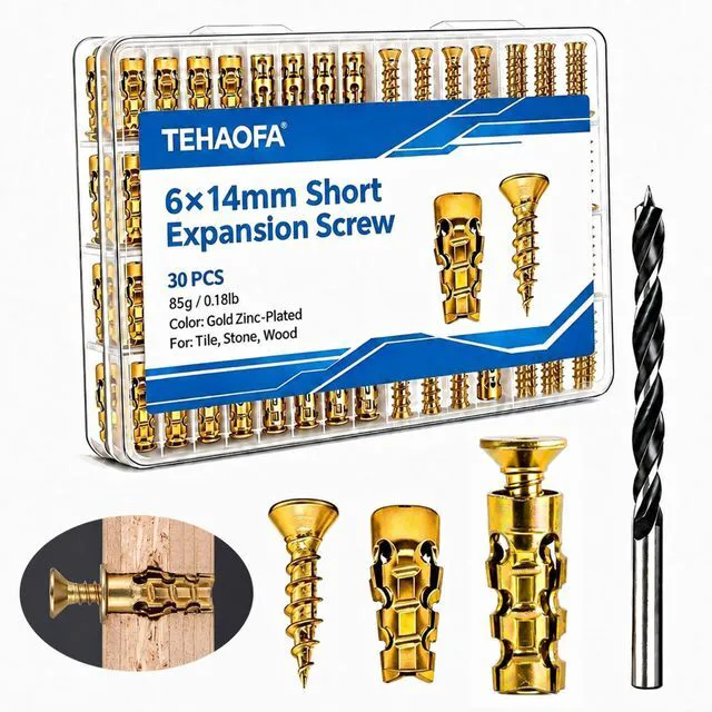 Main image of 6×14mm Expansion Screw Set for Hinge Repair | 30Pcs+6mm Bit | Fix Stripped Hinges | Drill, Insert, Tighten | Strong on Wood/Tile/Stone | No Glue