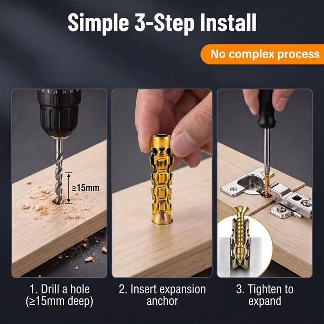 Alt view image 3 of 7 - 6×14mm Expansion Screw Set for Hinge Repair | 30Pcs+6mm Bit | Fix Stripped Hinges | Drill, Insert, Tighten | Strong on Wood/Tile/Stone | No Glue