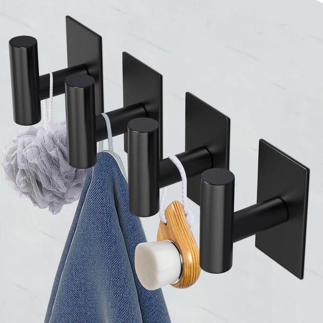 Alt view image 7 of 7 - Wall Towel Hooks, Heavy Duty Sticky Holder Waterproof Towel Hooks for Hanging Coat, Clothes, Closet Hook Wall Mount for Kitchen (Black, 4 Pack)