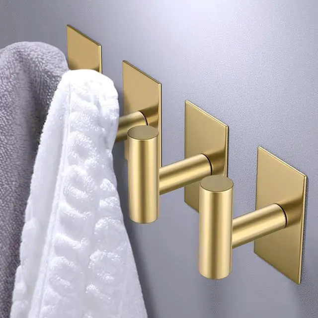 Alt view image 2 of 7 - Wall Towel Hooks, Heavy Duty Sticky Holder Waterproof Towel Hooks for Hanging Coat, Clothes, Closet Hook Wall Mount for Kitchen (Gold, 2 Pack)