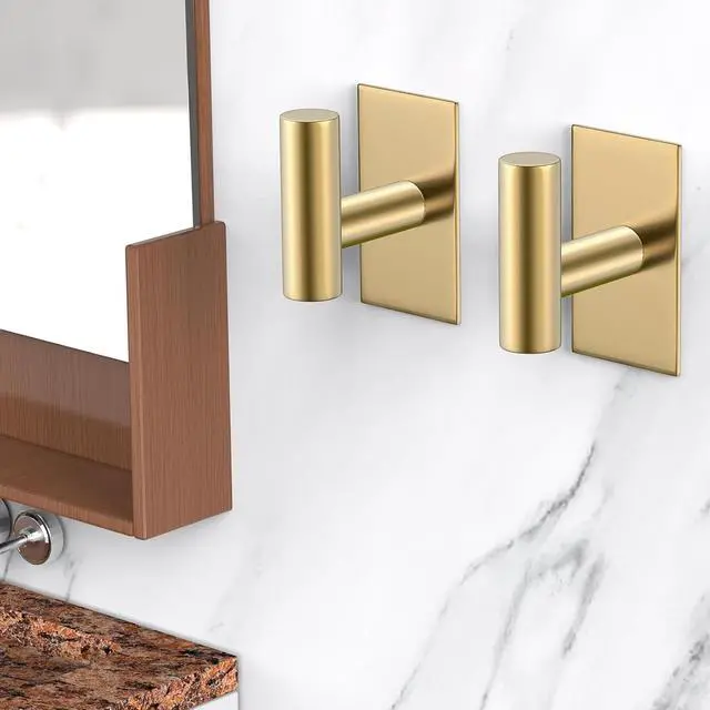 Alt view image 3 of 7 - Wall Towel Hooks, Heavy Duty Sticky Holder Waterproof Towel Hooks for Hanging Coat, Clothes, Closet Hook Wall Mount for Kitchen (Gold, 2 Pack)