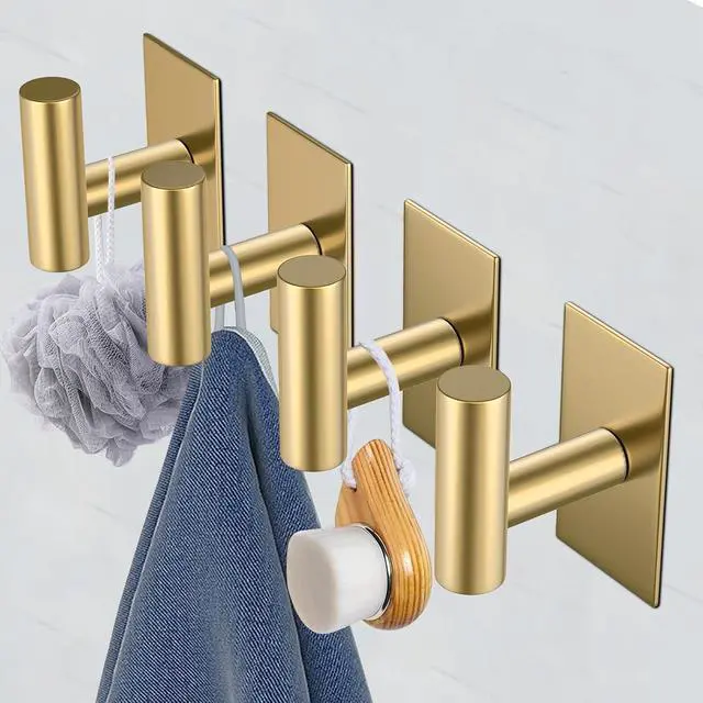 Alt view image 4 of 7 - Wall Towel Hooks, Heavy Duty Sticky Holder Waterproof Towel Hooks for Hanging Coat, Clothes, Closet Hook Wall Mount for Kitchen (Gold, 2 Pack)