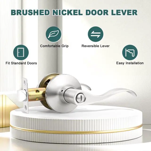 Alt view image 2 of 7 - 1 Pack Privacy Door Levers Brushed Nickel Lever Door Handles Interior for Bedroom and Bathroom Door Locks Wave Door Handles