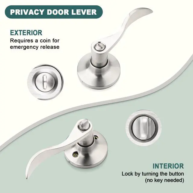 Alt view image 3 of 7 - 1 Pack Privacy Door Levers Brushed Nickel Lever Door Handles Interior for Bedroom and Bathroom Door Locks Wave Door Handles