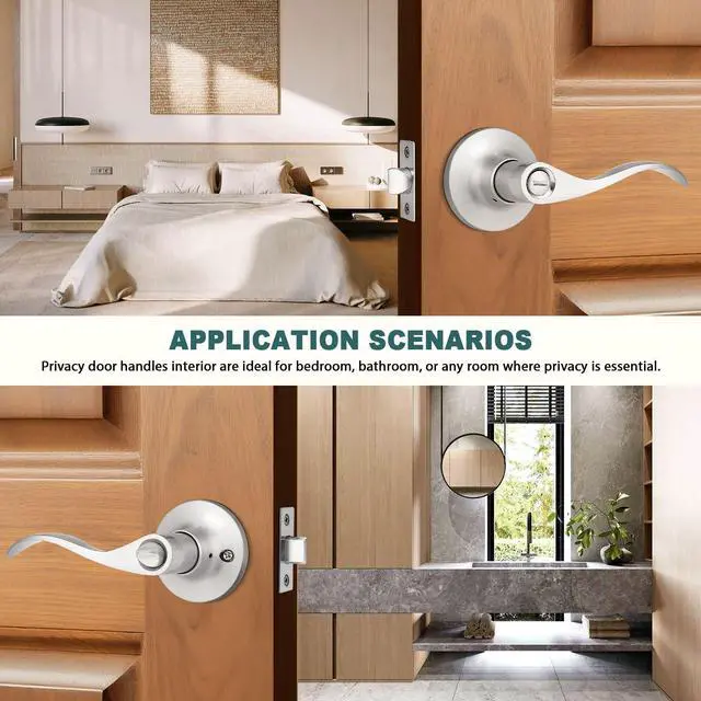 Alt view image 4 of 7 - 1 Pack Privacy Door Levers Brushed Nickel Lever Door Handles Interior for Bedroom and Bathroom Door Locks Wave Door Handles