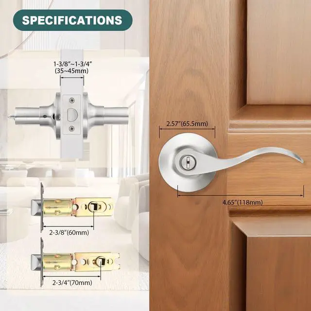 Alt view image 7 of 7 - 1 Pack Privacy Door Levers Brushed Nickel Lever Door Handles Interior for Bedroom and Bathroom Door Locks Wave Door Handles