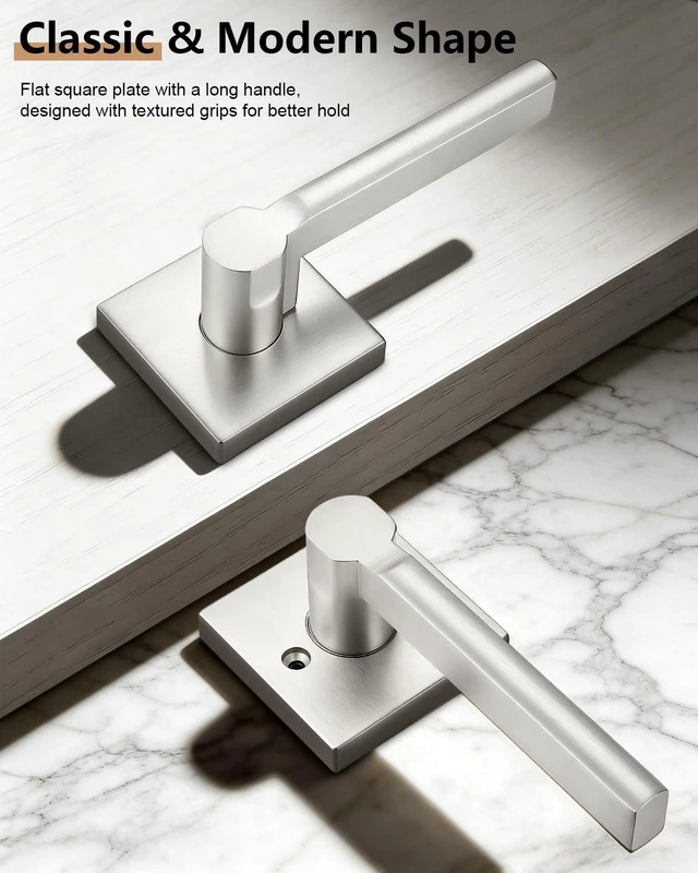 Alt view image 4 of 7 - Brushed Nickel Square Passage Door Handle, 1 Pack Non-Locking Modern Lever for Closet Hallway, Reversible for Right or Left Side