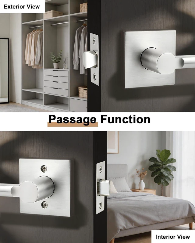 Alt view image 5 of 7 - Brushed Nickel Square Passage Door Handle, 1 Pack Non-Locking Modern Lever for Closet Hallway, Reversible for Right or Left Side