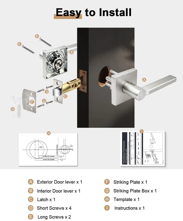 Alt view image 6 of 7 - Brushed Nickel Square Passage Door Handle, 1 Pack Non-Locking Modern Lever for Closet Hallway, Reversible for Right or Left Side