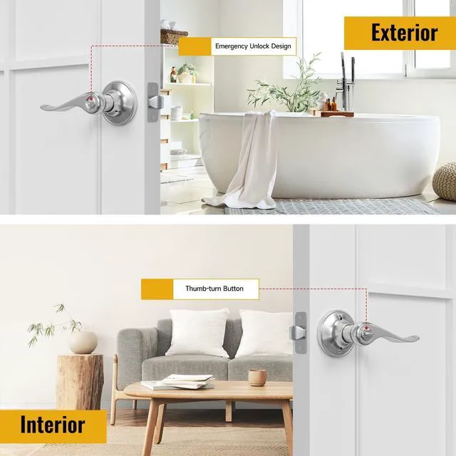 Alt view image 5 of 7 - Privacy Door Levers, Interior Door Handle for Bedroom and Bathroom, Lever Door Handles Interior with Lock, Wave Style Lever Keyless, Satin Nickel Doors Lock Knob, 1 Pack