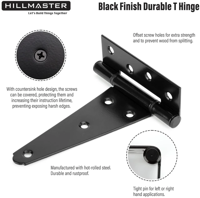 Alt view image 3 of 7 - 6 Inch T-Strap Heavy Duty Shed Door Hinges Gate Strap Hinges Black Tee Hinge Wrought Hardware for Wooden Fences,Yard,Barn Door,Rustproof(2 Pack)