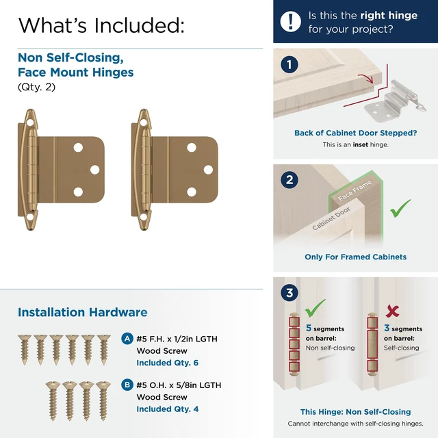 Alt view image 3 of 4 - 1 Pair 3/8" Inset Champagne Bronze Non-Self-Closing Cabinet Hinge | Steel Cabinet Hinge for Kitchen, Bathroom and Furniture Doors, 3/8" (10mm) Inset, Non-Self Closing, Face Mount