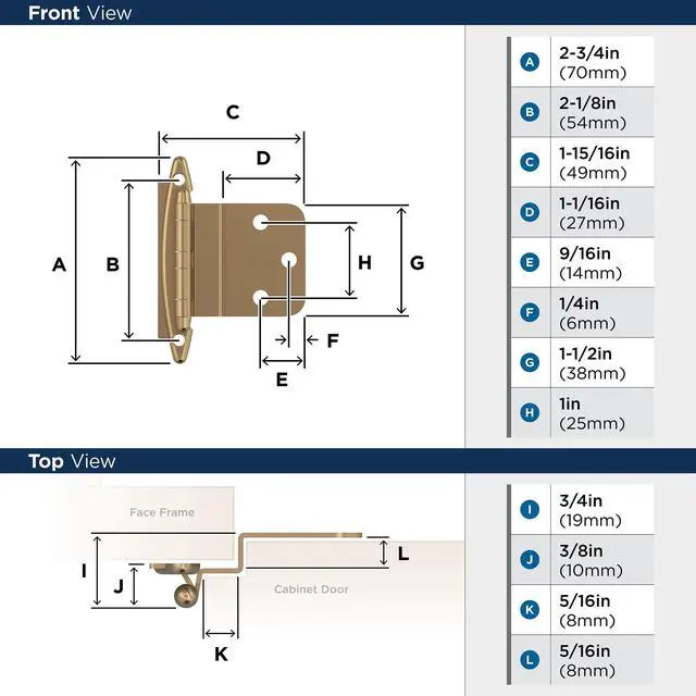 Alt view image 4 of 4 - 1 Pair 3/8" Inset Champagne Bronze Non-Self-Closing Cabinet Hinge | Steel Cabinet Hinge for Kitchen, Bathroom and Furniture Doors, 3/8" (10mm) Inset, Non-Self Closing, Face Mount