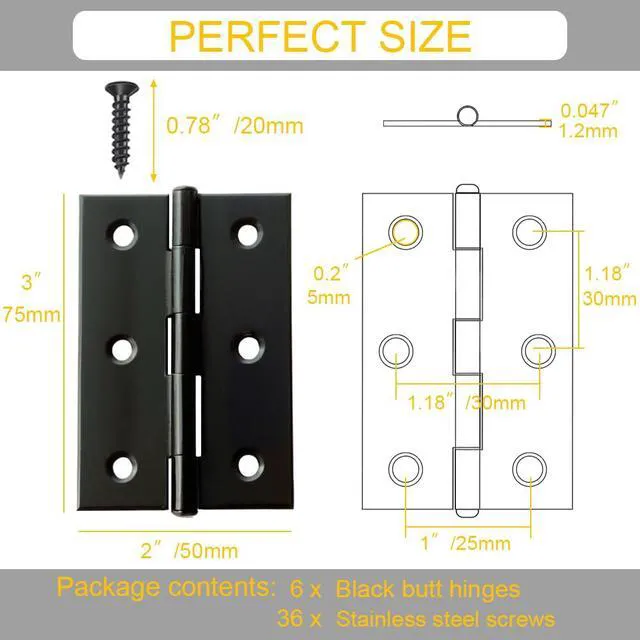 Alt view image 3 of 6 - 6 Pack 3 Inch Black Stainless Steel Butt Hinges with Screws, Heavy Duty Rust-Resistant Cabinet Door Hinges for Furniture, Jewelry Boxes, Cabinets, and DIY Projects