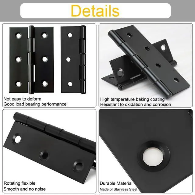 Alt view image 4 of 6 - 6 Pack 3 Inch Black Stainless Steel Butt Hinges with Screws, Heavy Duty Rust-Resistant Cabinet Door Hinges for Furniture, Jewelry Boxes, Cabinets, and DIY Projects