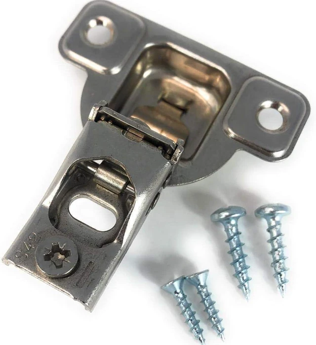 Alt view image 2 of 4 - E-Centra Nickel-Plated Metal 106-degree 9/16-inch Overlay Screw-on Face Frame Hinge with 2 Cams (2)