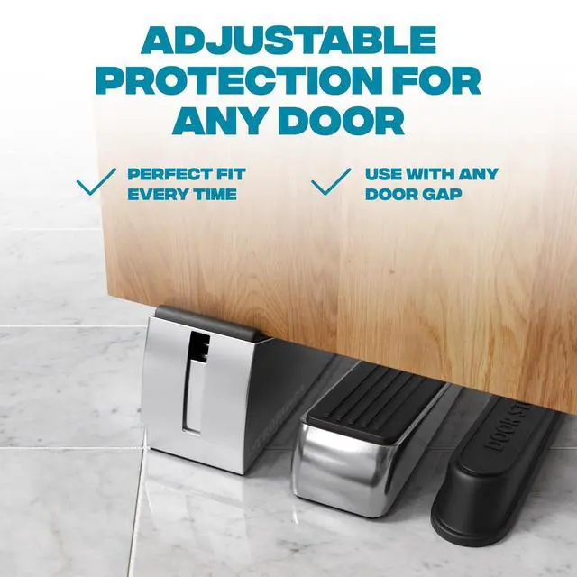Alt view image 3 of 7 - Stoppers for Bottom of Door Heavy Duty Metal Rubber Door Stopper, Non-Slip Door Stop for Heavy Doors, Works on Wood, Tile & Carpet Floors, Folding Chrome 1 PC + White Wall Protectors