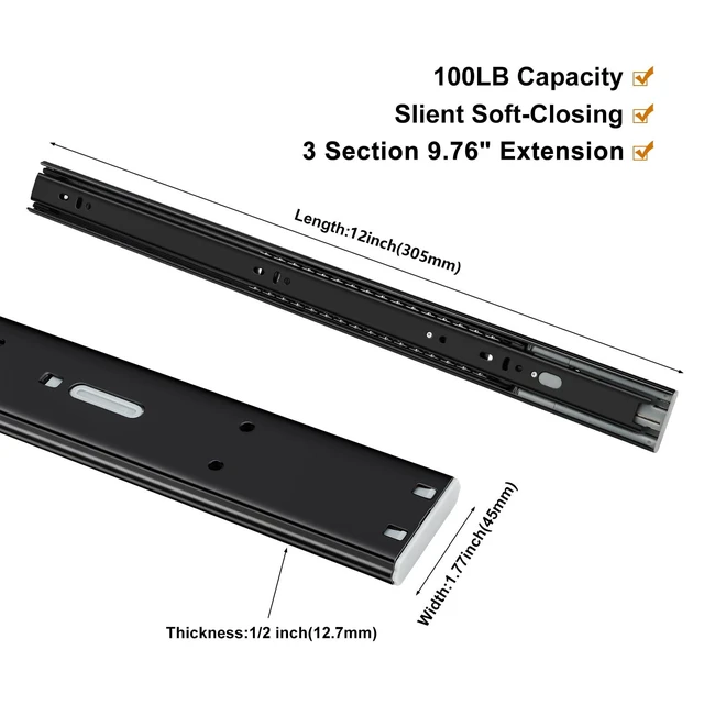 Alt view image 2 of 6 - 1 Pair Black Soft Close Drawer Slides 12 Inch Heavy Duty Runners | 1.2mm Electro-Coated Steel;100lb Capacity 9.76 Inch Extension;Smooth Ball Bearing Cabinet Glides;Easy Side Mount Setup