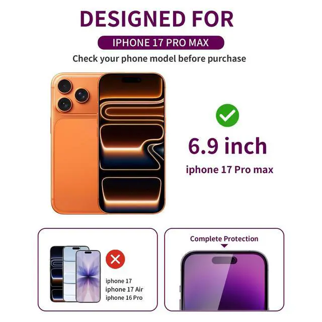 Alt view image 2 of 6 - 3 Pack Screen Protector for iPhone 17 Pro Max Tempered Glass | 9H Military-Grade Film No Bubble 6.9'' Full Coverage, Case Friendly