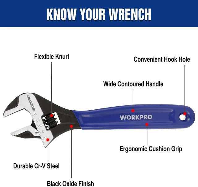 Alt view image 2 of 7 - 8-Inch Adjustable Wrench, Cr-V Steel Wide Jaw Black Oxide Wrench | Metric & SAE Scales,Ideal for Home Repairs, Garage, Workshop and DIY Applications