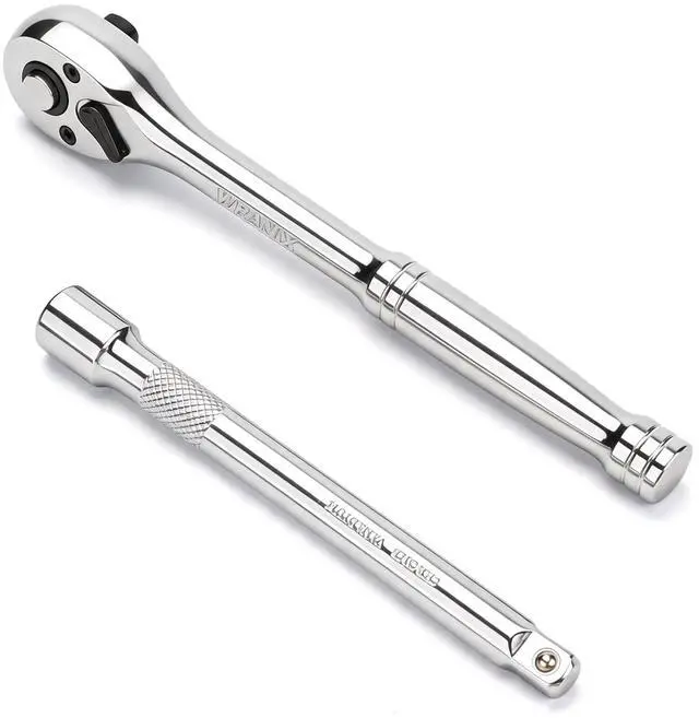 Main image of 3/8" Drive 90-Tooth Ratchet Wrench with Extension Bar | Socket Wrench, Reversible Design, Quick-Release, Cr-Mo Head, Cr-V Made, 4° Swing Arc, Full Polished