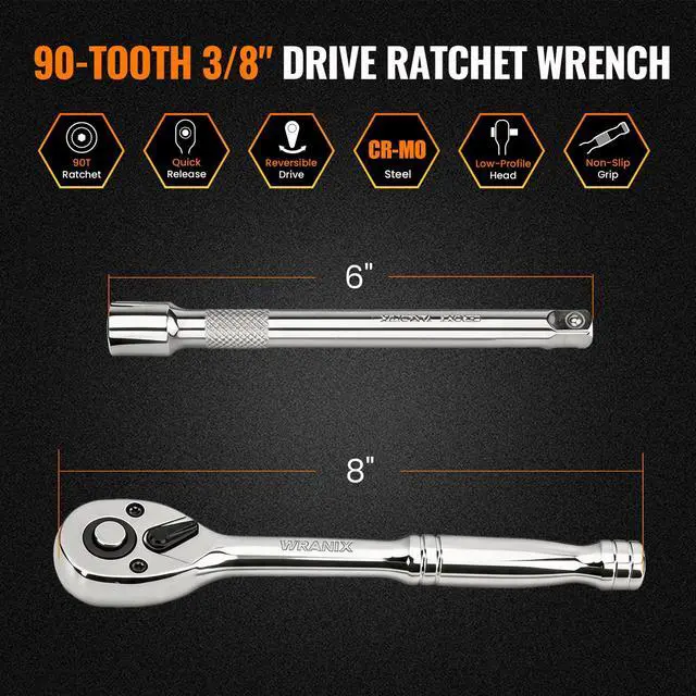 Alt view image 2 of 7 - 3/8" Drive 90-Tooth Ratchet Wrench with Extension Bar | Socket Wrench, Reversible Design, Quick-Release, Cr-Mo Head, Cr-V Made, 4° Swing Arc, Full Polished