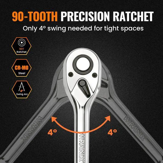 Alt view image 3 of 7 - 3/8" Drive 90-Tooth Ratchet Wrench with Extension Bar | Socket Wrench, Reversible Design, Quick-Release, Cr-Mo Head, Cr-V Made, 4° Swing Arc, Full Polished