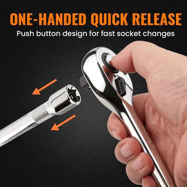 Alt view image 4 of 7 - 3/8" Drive 90-Tooth Ratchet Wrench with Extension Bar | Socket Wrench, Reversible Design, Quick-Release, Cr-Mo Head, Cr-V Made, 4° Swing Arc, Full Polished