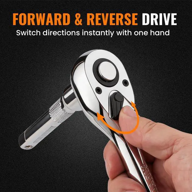 Alt view image 5 of 7 - 3/8" Drive 90-Tooth Ratchet Wrench with Extension Bar | Socket Wrench, Reversible Design, Quick-Release, Cr-Mo Head, Cr-V Made, 4° Swing Arc, Full Polished