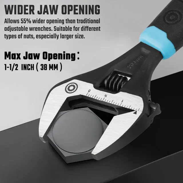 Alt view image 3 of 7 - 8-Inch Wide Jaw Adjustable Wrench | CR-V Steel, SAE and Metric Scale Marked, Ergonomic Grip