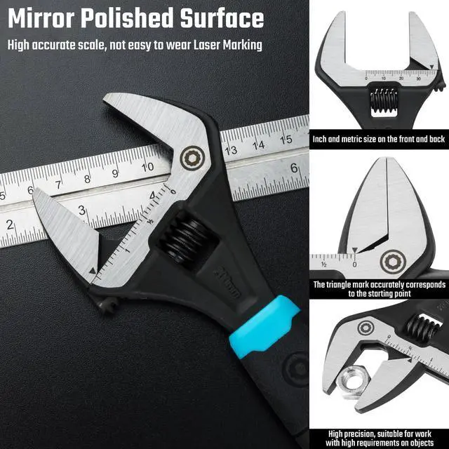 Alt view image 6 of 7 - 8-Inch Wide Jaw Adjustable Wrench | CR-V Steel, SAE and Metric Scale Marked, Ergonomic Grip