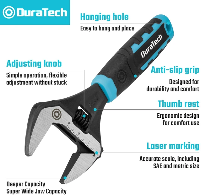 Alt view image 2 of 7 - 8-Inch Wide Jaw Adjustable Wrench | CR-V Steel, SAE and Metric Scale Marked, Ergonomic Grip