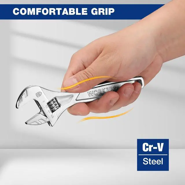 Alt view image 2 of 7 - 6" Adjustable Wrench, Cr-V Steel, Chrome Plated Finish | SAE & Metric Scales, Precision Jaw, Smooth Worm Gear, Ergonomic Grip for DIY, Auto Repair, Plumbing and Home Repairs