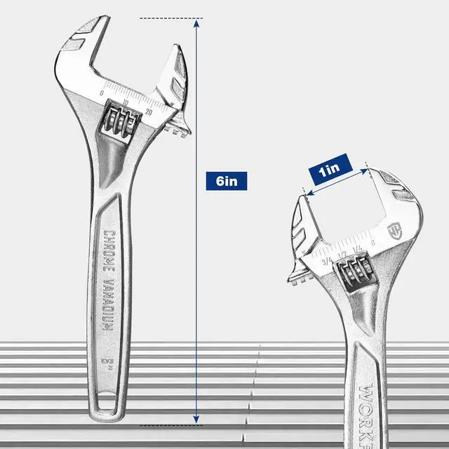 Alt view image 4 of 7 - 6" Adjustable Wrench, Cr-V Steel, Chrome Plated Finish | SAE & Metric Scales, Precision Jaw, Smooth Worm Gear, Ergonomic Grip for DIY, Auto Repair, Plumbing and Home Repairs