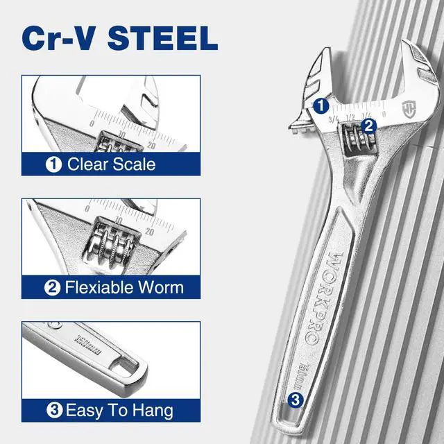 Alt view image 5 of 7 - 6" Adjustable Wrench, Cr-V Steel, Chrome Plated Finish | SAE & Metric Scales, Precision Jaw, Smooth Worm Gear, Ergonomic Grip for DIY, Auto Repair, Plumbing and Home Repairs