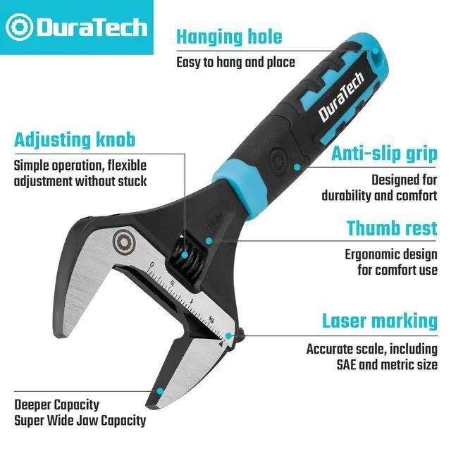 Alt view image 2 of 7 - 10-Inch Wide Jaw Adjustable Wrench | Plumbing Wrench, CR-V Steel, SAE and Metric Scale Marked, Ergonomic Grip