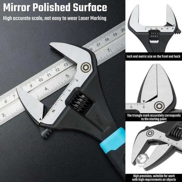 Alt view image 6 of 7 - 10-Inch Wide Jaw Adjustable Wrench | Plumbing Wrench, CR-V Steel, SAE and Metric Scale Marked, Ergonomic Grip