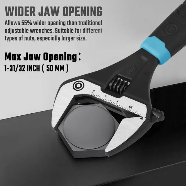 Alt view image 3 of 7 - 10-Inch Wide Jaw Adjustable Wrench | Plumbing Wrench, CR-V Steel, SAE and Metric Scale Marked, Ergonomic Grip