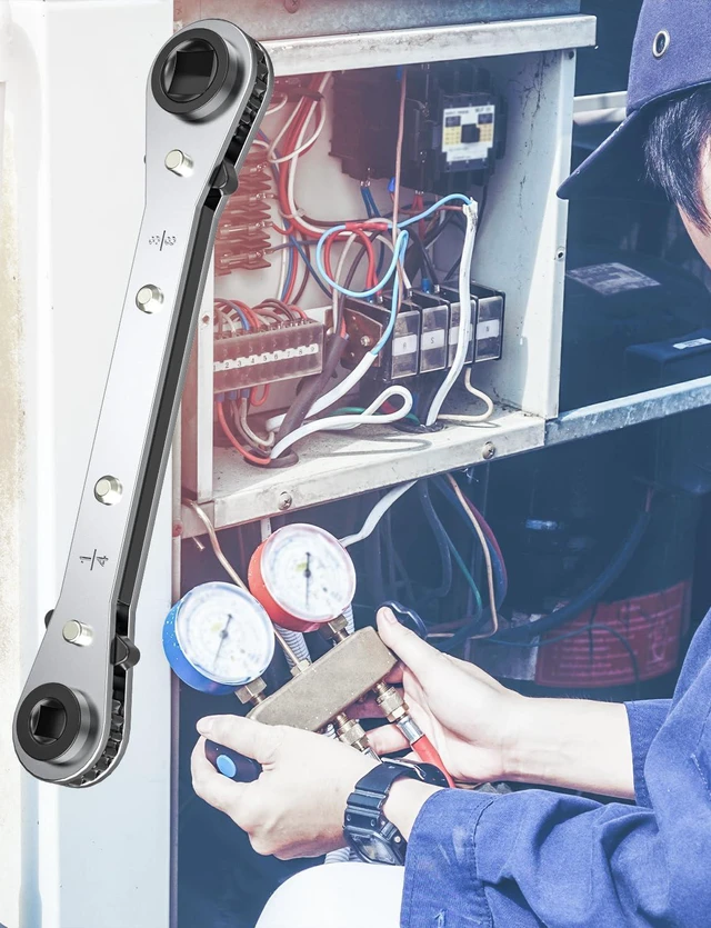 Alt view image 6 of 7 - HVAC Service Wrench, Refrigeration Ratcheting Wrench 3/8 1/4 5/16'' 3/16'' AC Wratchet Tool with Hex Bit Adapter for Air Conditioning, Refrigeration Equipment, Gas Furnace