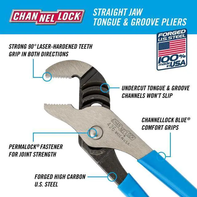 Alt view image 2 of 7 - Tongue & Groove Pliers 426 - Straight Jaw, Made in USA, 0.87 In. Jaw, Heat-Treated Teeth - 6.5 In.